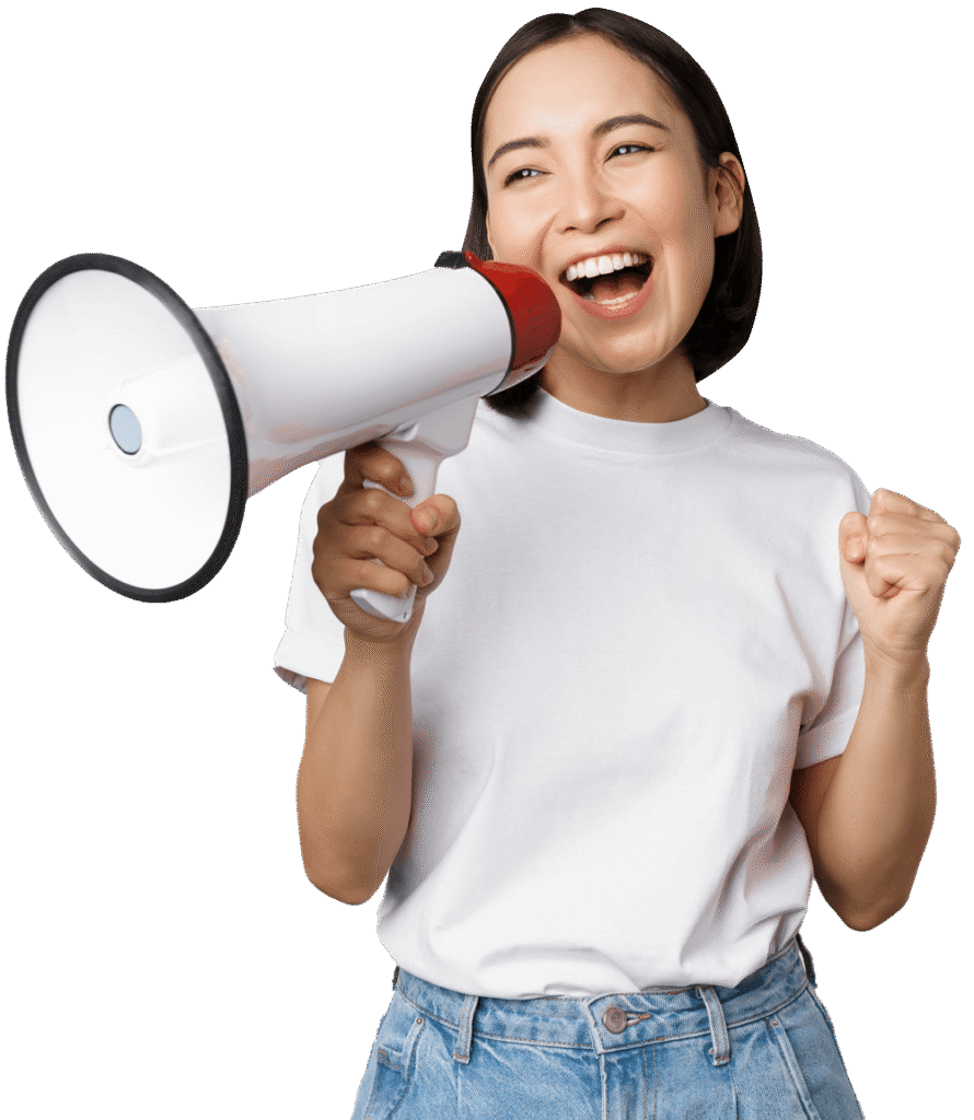 asian girl shouting at megaphone young activist p DC9ADVL